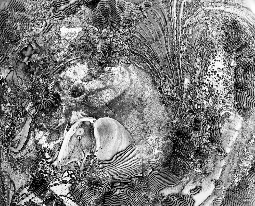 Wall mural 3d render of abstract black and white 3d background texture with part of old deformed organic planet