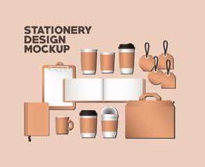 mugs and mockup set on orange background of corporate identity and stationery design theme Vector illustration © Grgroup