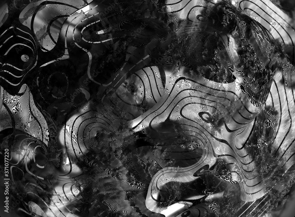 Sticker 3d render of abstract black and white 3d background texture with part of old deformed organic planet
