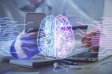 Double exposure of man hands typing on computer with credit card and brain theme drawing....