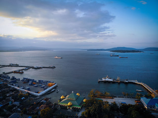 An aerial view of the harbor crossing between islands in Indonesia.