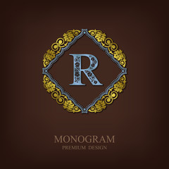 Monogram logo template with flourishes calligraphic elegant ornament elements, Letter emblem R, Elegant line art logo, Business sign for Royalty, Boutique, Cafe, Hotel, Heraldic, Jewelry, Wine