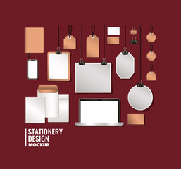 laptop and mockup set on red background of corporate identity and stationery design theme Vector illustration © Grgroup