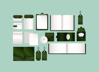 mockup set with striped green branding of corporate identity and stationery design theme Vector illustration © Grgroup