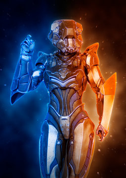 alien female soldier is asking permition to talk in white background