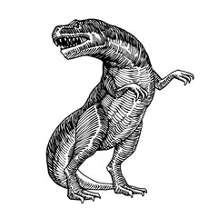 prehistoric reptile of the Jurassic period, giant carnivorous dinosaur, tyrannosaurus, raptor, vector illustration with black ink lines isolated on a white background in a hand drawn style