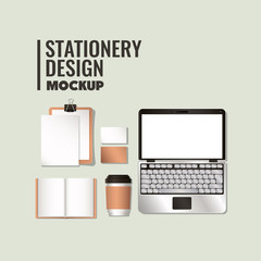 laptop and mockup set on white background of corporate identity and stationery design theme Vector illustration © Grgroup