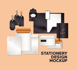 mockup set with black with leaves branding of corporate identity and stationery design theme Vector illustration © Grgroup