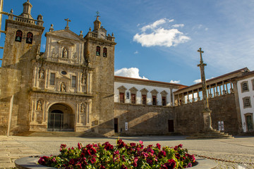 View at the front facade of the Cathedral of Viseu, Adro da Se Cathedral de Viseu, architectural icon of the city of Viseu, Portugal - obrazy, fototapety, plakaty