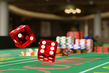 Close up shot of a pair of dice rolling down a craps table. Selective focus. Gambling concept. 3d illustration. - obrazy, fototapety, plakaty