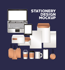 laptop and mockup set on blue background of corporate identity and stationery design theme Vector illustration © Grgroup