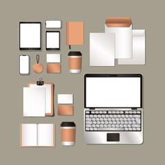 laptop tablet and mockup set on gray background of corporate identity and stationery design theme Vector illustration © Grgroup