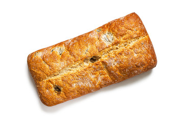 Freshly baked Italian white bread ciabatta with olives