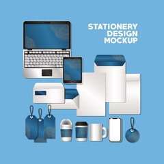 laptop and mockup set with blue branding of corporate identity and stationery design theme Vector illustration © Grgroup
