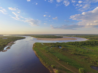 Сonfluence of the Sysola and Vychegda rivers and blue sky, Komi Republic, Russia.