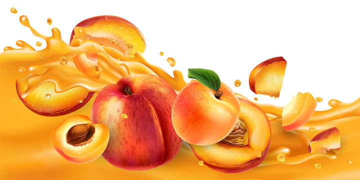 Whole and sliced peaches and apricots on a fruit juice wave.