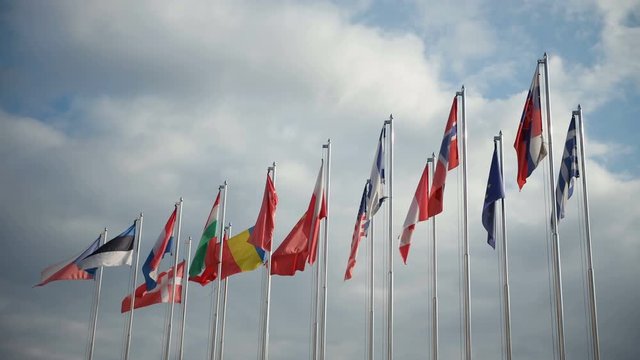 Many of national flags at windy day with cloudy sky at background.