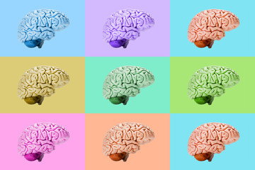 pop art poster multicolored scattered models of the human brain, seamless background, the concept of mind, intelligence, ideas