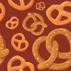 Bavarian pretzels on brown backdrop. Traditional bakery seamless pattern for wallpaper, wrap paper, sleeper, bath tile, apparel or bed linen. Bag or hoody print. Flat style stock vector illustration