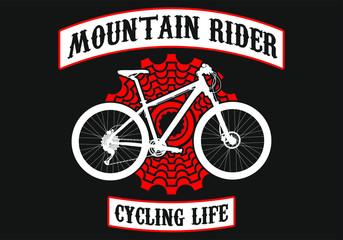 Fototapeta premium Mountain rider, cycling life art with red back cassette or back pinion and white mountan bycicle. Vintage bike design ideal for stamps