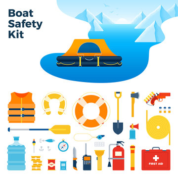 Image from inflatable floating tent and boat safety kit vector illustration in a flat design.