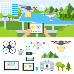 Controlling a drone against the backdrop of a cityscape vector illustration in flat design