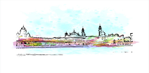 Building view with landmark of Amritsar is a city in the northwestern Indian state of Punjab. Watercolor splash with hand drawn sketch illustration in vector.