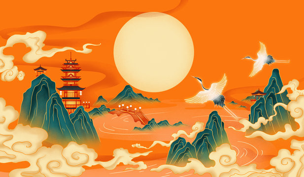 Red festive architectural landscape painting national tide illustration.An illustration that implies celebrations and warm festivals.