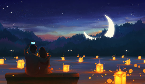 A couple embracing selfie in a beautiful night. Valentine's Day illustration