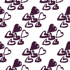Isolated hand drawn heart seamless pattern. White backgound with dark valentine silhouettes.