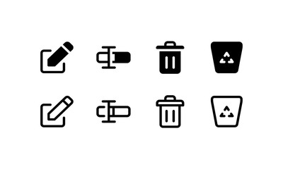 Edit, rename and delete icons. Outline and glyph style