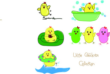 Set of cute cartoon little chicken design with vector illustration, cute collection relaxing time of little chicken.