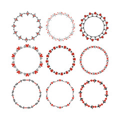 Black and red hand drawn romantic love hearts, and roses circle emblem set design elements on white background