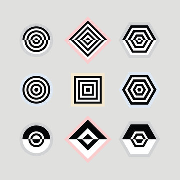 Black and white abstract parallel inner lines shapes emblems and icons set on gray background