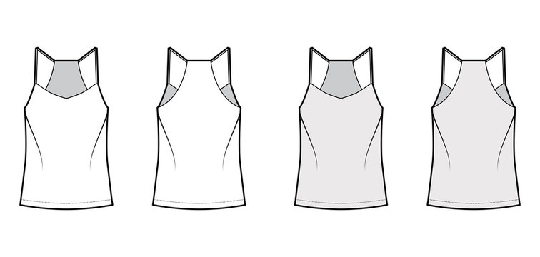 Racer-back camisole technical fashion illustration with V-neck, straps, relaxed fit, tunic length. Flat outwear tank apparel template front, back, white grey color. Women, men unisex shirt top mockup