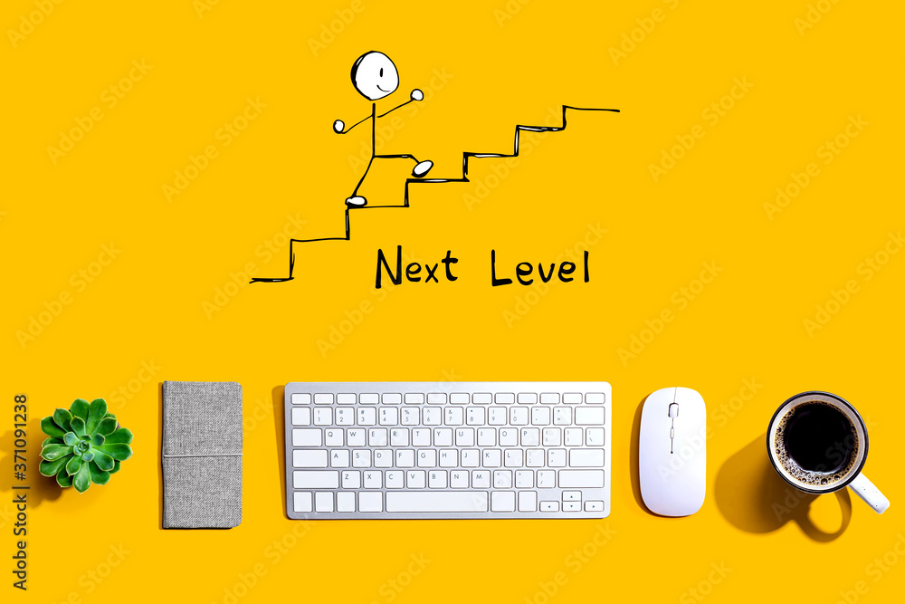 Poster next level concept with a computer keyboard and a mouse