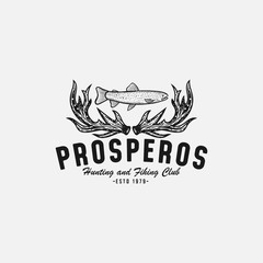 Deer Antlers and Fish Vintage Logo Design Inspiration For Hunting and Fishing Club