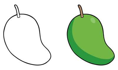 Coloring mango illustration, isolated on white background. Fruits top view