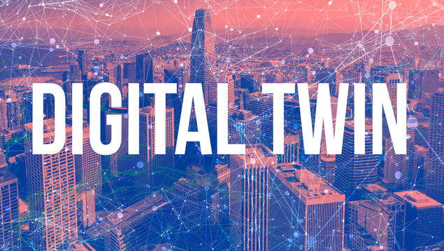 Digital Twin theme with abstract network patterns and downtown San Francisco skyscrapers