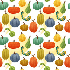 Seamless pattern with cute colorful pumpkins isolated on white background. Thanksgiving and Halloween elements.  Design for decoration, wrapping paper or textile. Vector illustration. 