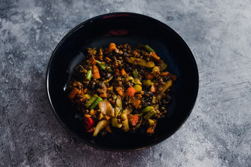 plant-based food, asian vegetables and lentils stir fry