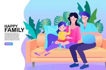 A loving family of father, mother, and daughter smiling and hugging on the couch. Parents and child enjoy a happy moment in their cozy home. Vector illustration concept of togetherness and well-being