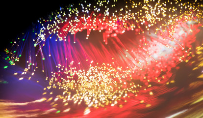 colorful optical fibres dinamic flying from deep on technology background