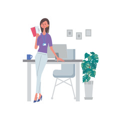 本を読む女性　資格勉強　資料を手に持つ女性　イラスト