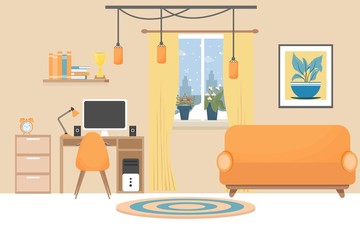 Modern interior in bright colours with workplace, computer, lamp, cozy sofa, chair, bookshelf, books stock vector illustration. Elegant room for your design.