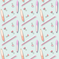 Creative seamless pattern with office supplies, color pencils, puler, markers and metal paper clips. School and education concept.