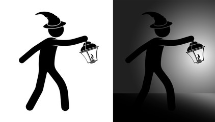 Happy Halloween Day, stick man in sorcerer masquerade hat lights the way with a lantern. Road lighting at night. Search for a way out of a difficult situation. Black and white vector