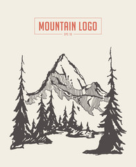 Two mountains spruce forest river vector sketch