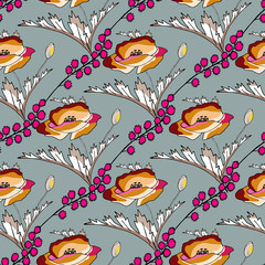 Poppies stripped seamless pattern. Abstract poppy seamless pattern for textile design. Floral seamless vector pattern. Graphic modern pattern. Vector illustration background. Vector design print