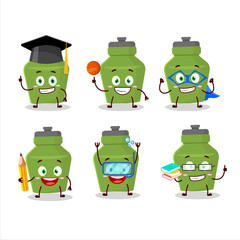 School student of green drink bottle cartoon character with various expressions